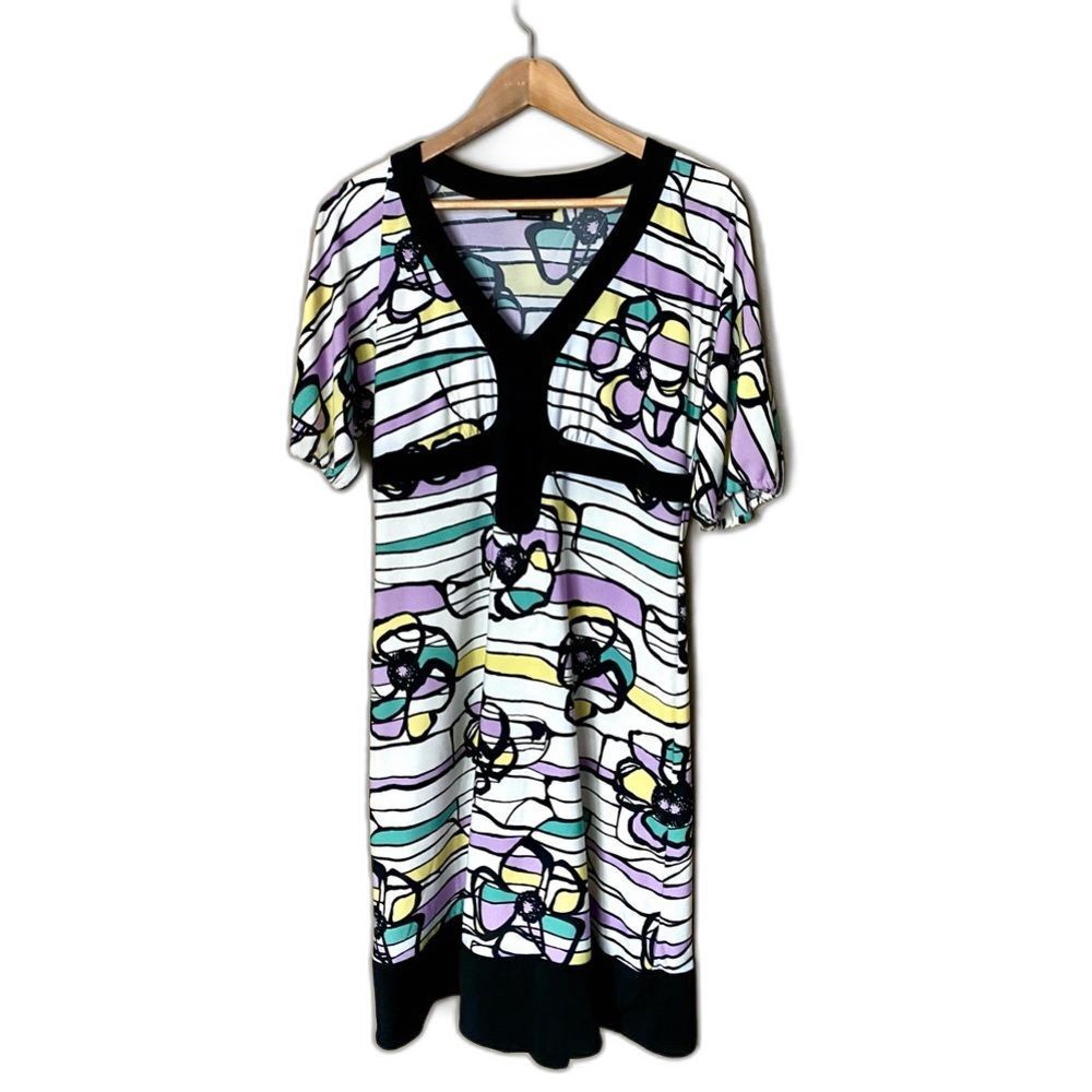 BCBG Max Azria dress floral funky modern mod A-line party work white black M EUC